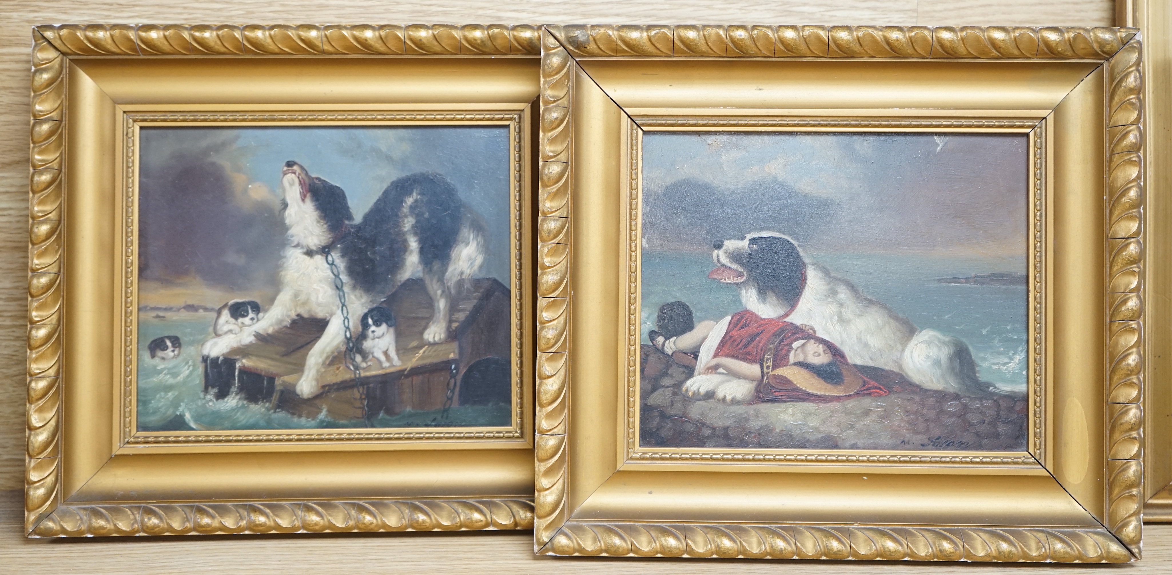 After Edwin Landseer (1802-1873), pair of oils on board, Border Collie with child and dogs in peril, each signed M Lason, 15 x 19cm